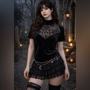 Black Velvet Whimsigoth Goth Vamp Witchy Crop Top Sheer Mesh Floral Medium/Large